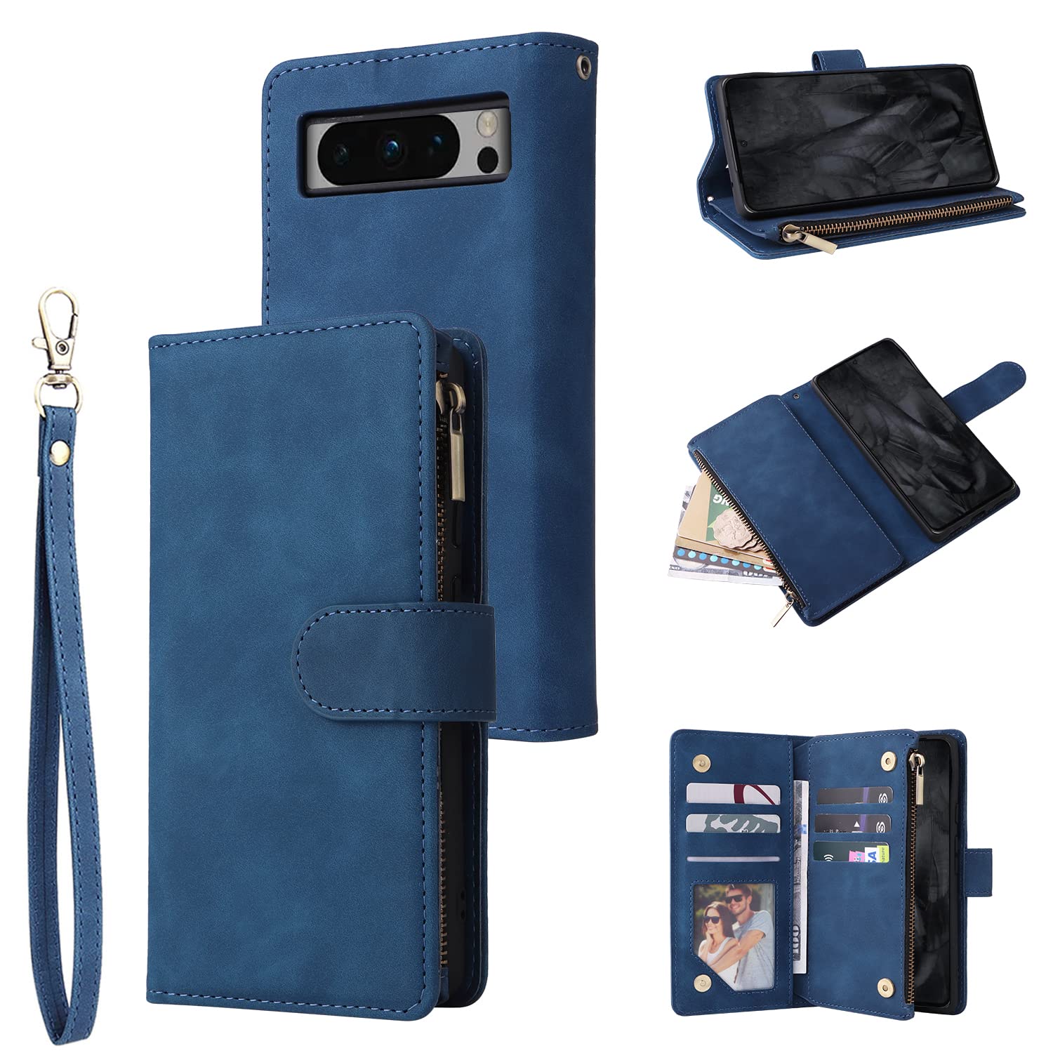 Unichthy For Google Pixel 8 Pro Zipper Case 6 Card Slots with Strap Shockproof Leather Flip Wallet Handbag Zip Pocket Phone Cover Stand Folio Magnetic Purse for Google Pixel 8 Pro Blue — image 1