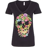 Flower Skull Women's V-Neck T-Shirt Sugar Skull Calavera Dia de Los Muertos