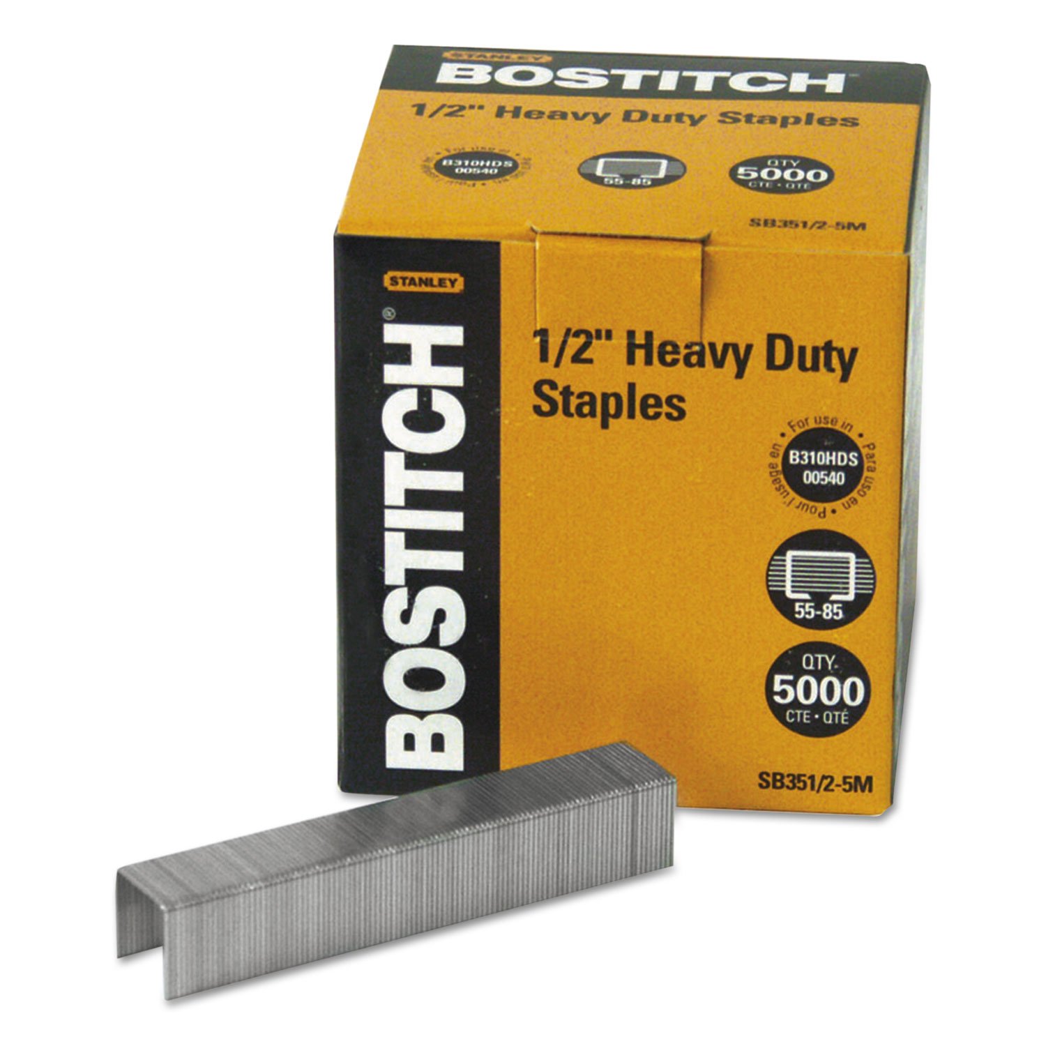 Bostitch Heavy Duty Premium Staples, 55-85 Sheets, 0.5-Inch Leg, 5,000 Per Box (SB351/2-5M)