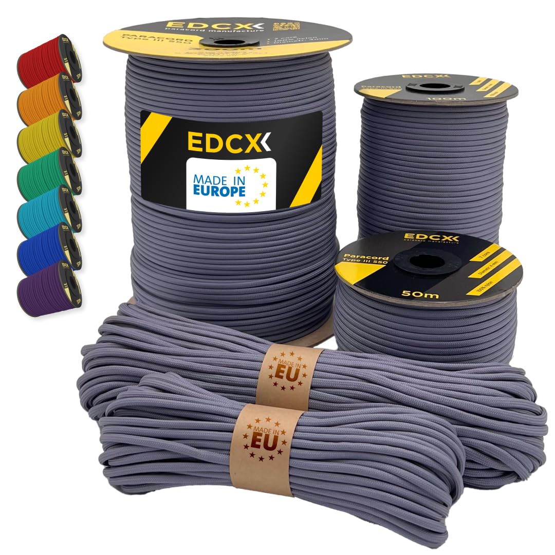 EdcX Paracord 4mm, 35+ Solid Colors (10m, 15m, 30m, 50m, 100m, 300m) | Ideal for Crafting, DIY, Camping, Survival, Outdoor | 100% Nylon Rope 4mm | Tactical Cord 550 Type III (Shark, 30 m) — image 1