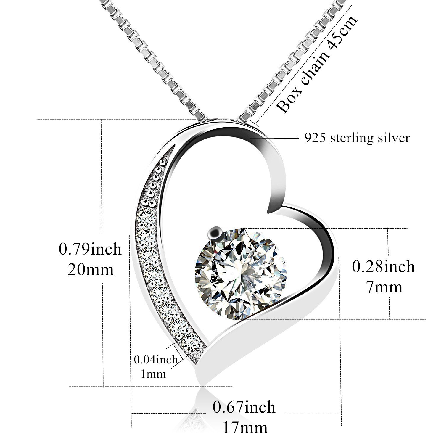 J.Vénus Damen Schmuck, Halskette Silber mit Herz Anhänger 925 Sterling Silber Zirkonia 45cm / Kette, Schmuck mit Etui (ewige Liebe - weiß)