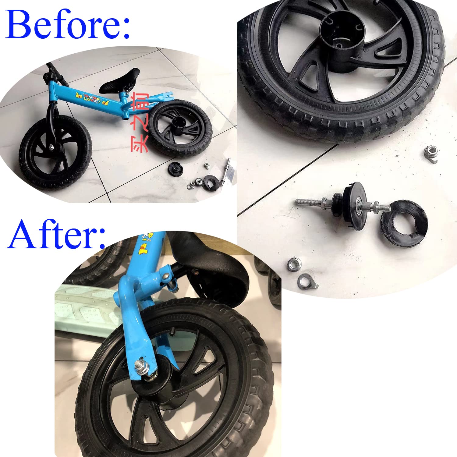 2 Set Balance Bike Wheel Hub Axle Repair Front Rear Sealed Bearing Nuts 55mm Bracket Caps Protective Cover with Solid Shaft Lever Skewer for No Pedal Kids Training Bicycle Push Bikes