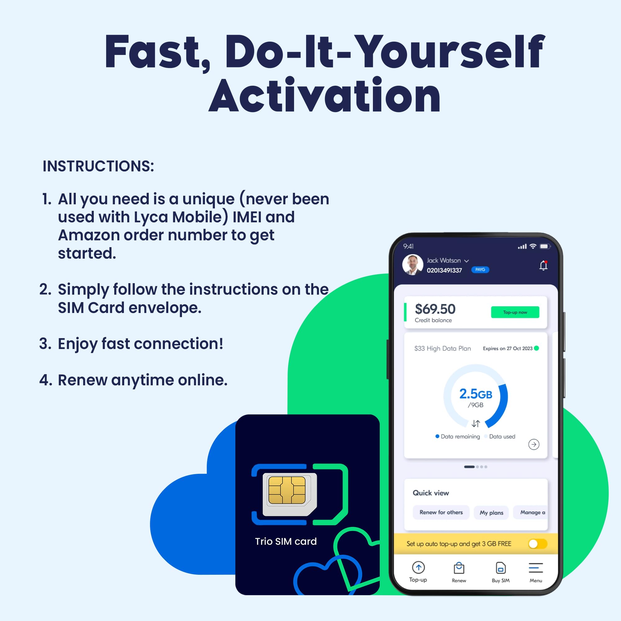 Lycamobile 30 Day USA Prepaid SIM Card with 12GB High Speed 4G LTE/5G Data with Hotspot, International Talk & Text to 100+ Countries, Quick Activation, Triple-Cut US Mobile SIM Card for Cell Phones