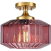 Qepeety Flush Mount Ceiling Light Fixtures，1-Light Gold Light Fixture with Seeded Purple Glass Shade, 11.02 Inch Industrial C