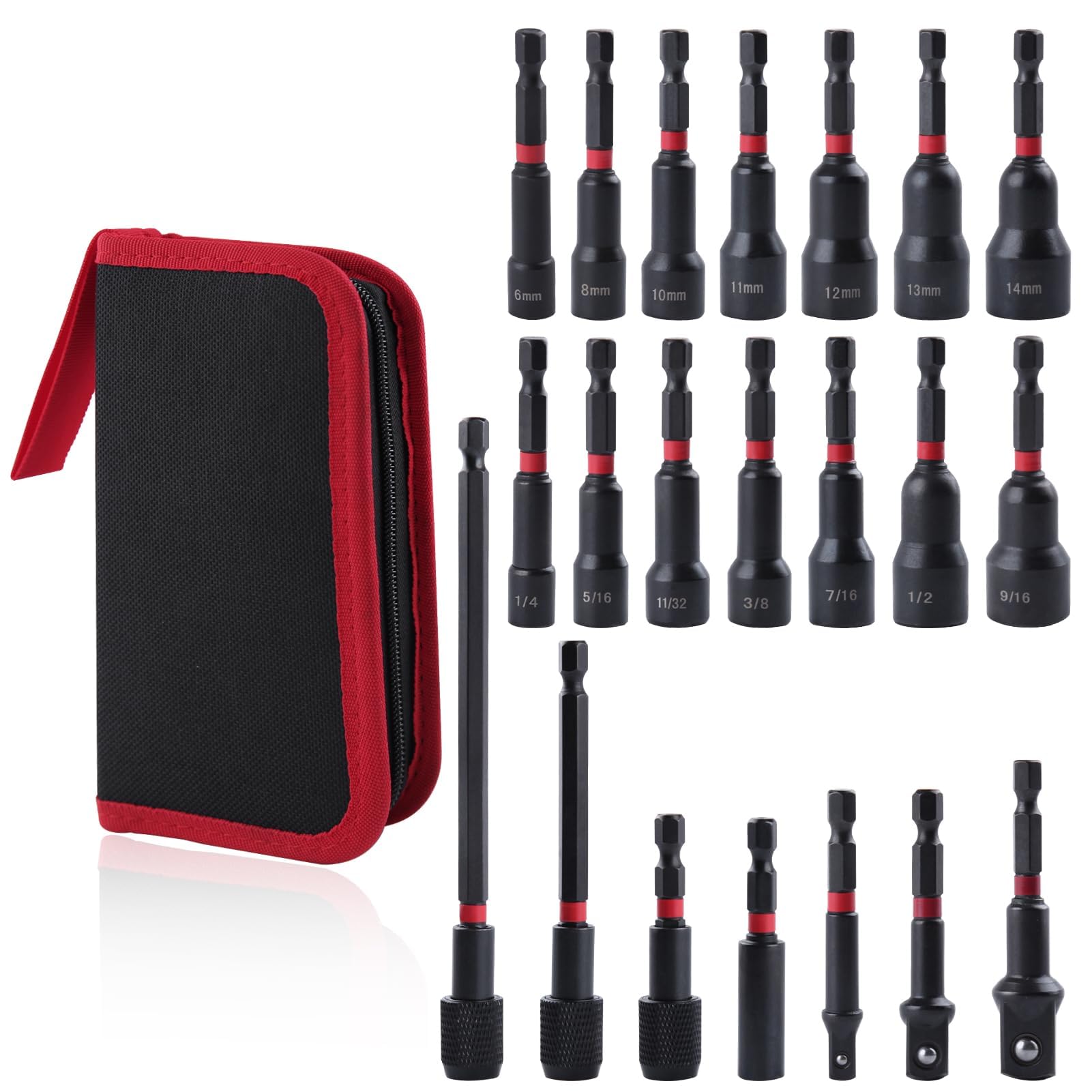 LEONTOOL 21PCS Magnetic Nut Driver Set for Impact Drill, 1/4" Hex Shank, Metric & SAE Magnetic Impact Drill Driver Bit and Socket Adapter, Magnetic Bit Holder, Quick Release Extension with Storage Bag