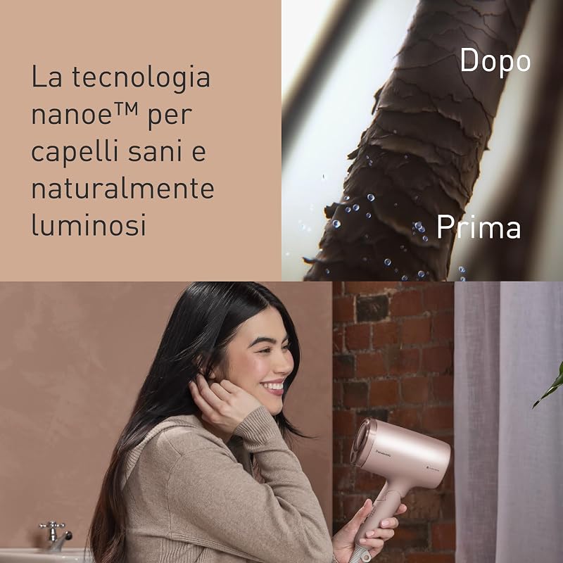 EH-NA7M-P825 Asciugacapelli Nanoe per Capelli Lucenti, Pieghevole, Asciugatura Rapida, Beccuccio Concentratore, 1600W, Rosa Chiaro
