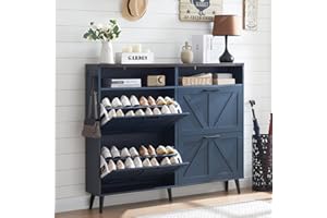 Barnyatoh Shoe Storage Cabinet,Farmhouse Shoe Organizer with 4 Flip Drawers & Barn Door Design,Freestanding Hidden Slim Narrow Shoe Rack Cabinet with Open Shelves for Entryway,Foyer,Hallway,Navy Blue