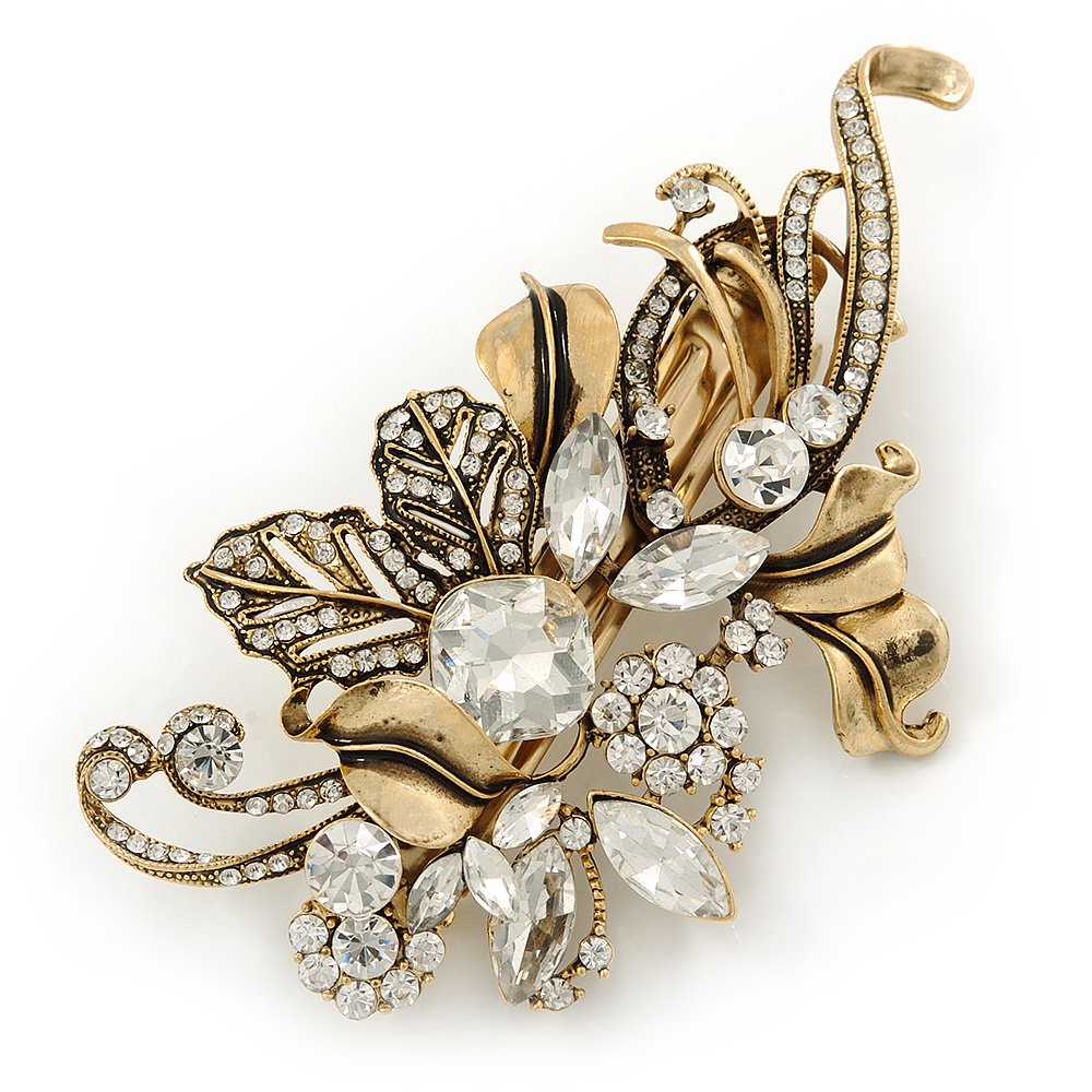 Vintage Inspired Gold Tone, Clear Cz Floral Barrette Hair Clip Grip - 105mm Across