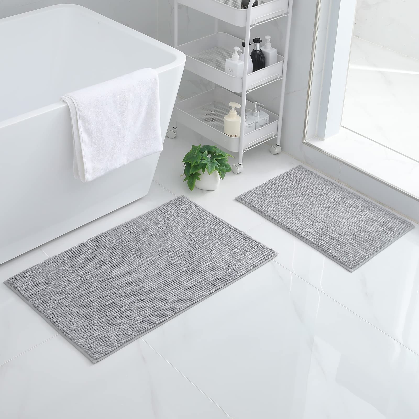 smiry Non Slip Chenille Bath Mat Set, Pack of 2, Extra Absorbent Soft Bathroom Mat Sets 2 Piece, Machine-Washable Quick Dry Bath Rug, 40 x 60 cm + 50 x 80 cm, Grey