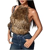 MakeMeChic Women's Faux Fur Halter Tops Tie Open Back Backless Sleeveless Y2k Crop Top