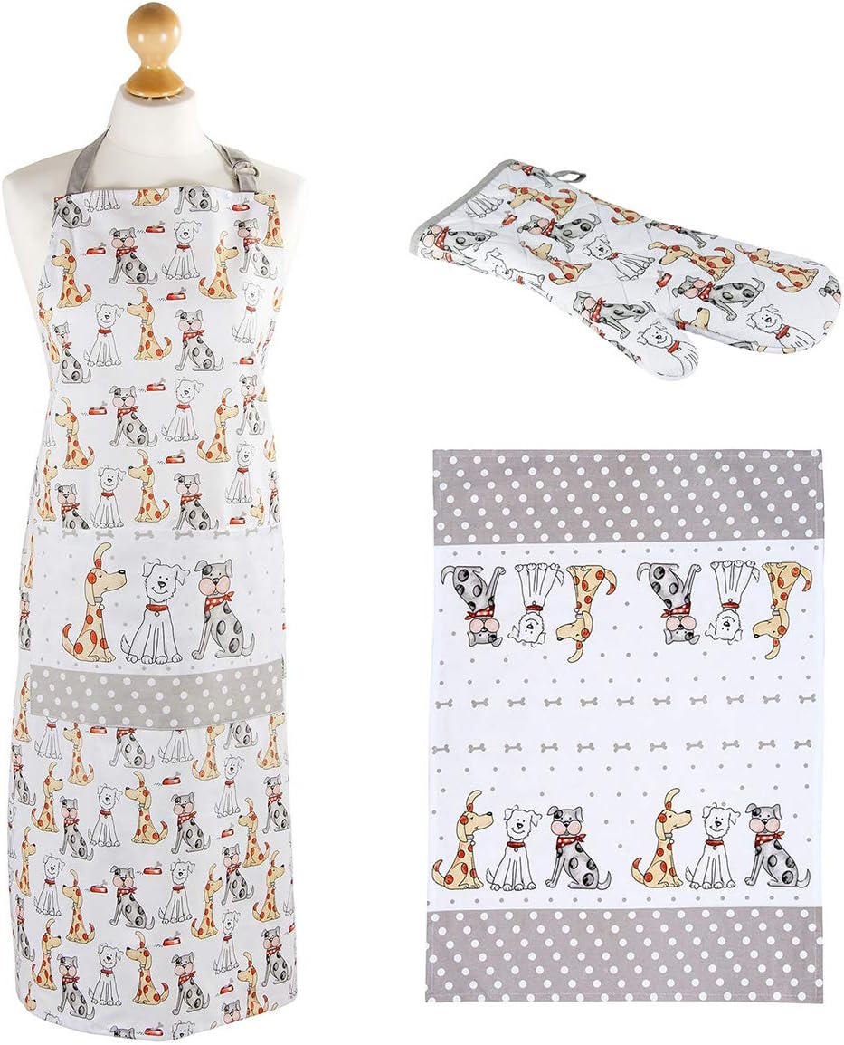 SPOTTED DOG GIFT COMPANY Dog Apron and Oven Glove Set including Matching Tea Towel - Cute Kitchen Gifts Dog Lovers Owners