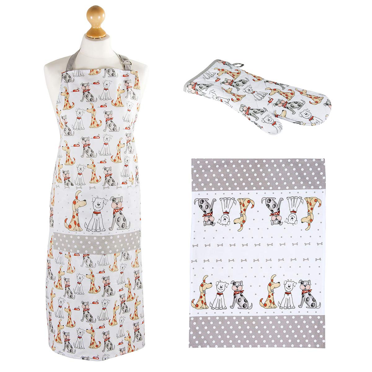 SPOTTED DOG GIFT COMPANY Dog Apron and Oven Glove Set with Matching Tea Towel - Cute Kitchen Gifts Dog Lovers Owners