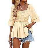 HEYTALALA Womens 3/4 Sleeve Tops Dressy Casual Square Neck Summer Peplum Blouses Ruffle Sleeve Babydoll Shirts 2025 Trendy