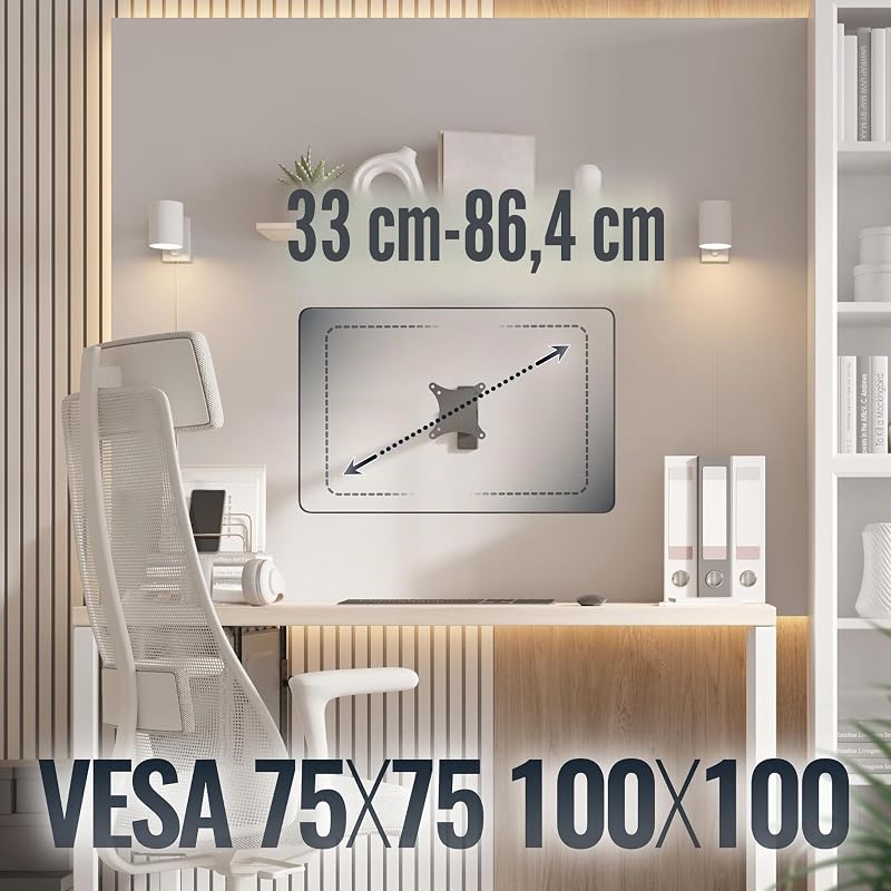 S7411 Support Mural Écran PC TV 13 17 19 22 24 27 28 32 34 Pouces VESA 75x75 100x100 Orientable Inclinable Rotatif Universel Fixation Murale TV QLED OLED LED LCD Écran incurvé