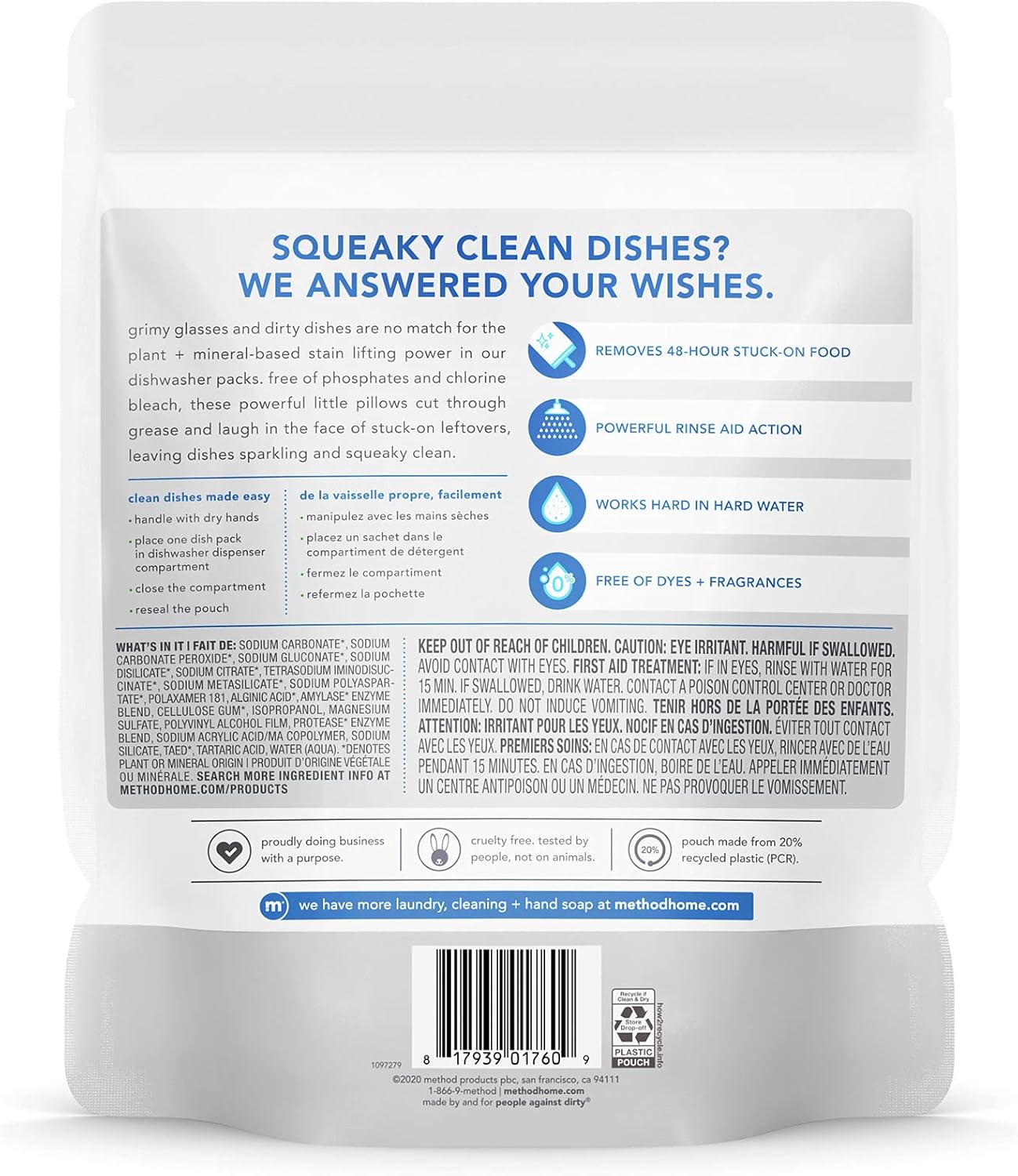 Method Dishwasher Detergent Packs, Dishwashing Rinse Aid to Lift Tough Grease and Stains, 45 Dishwasher Tabs per Package, Free + Clear - Fragrence Free, 1 Pack, Packaging May Vary: Health & Personal Care