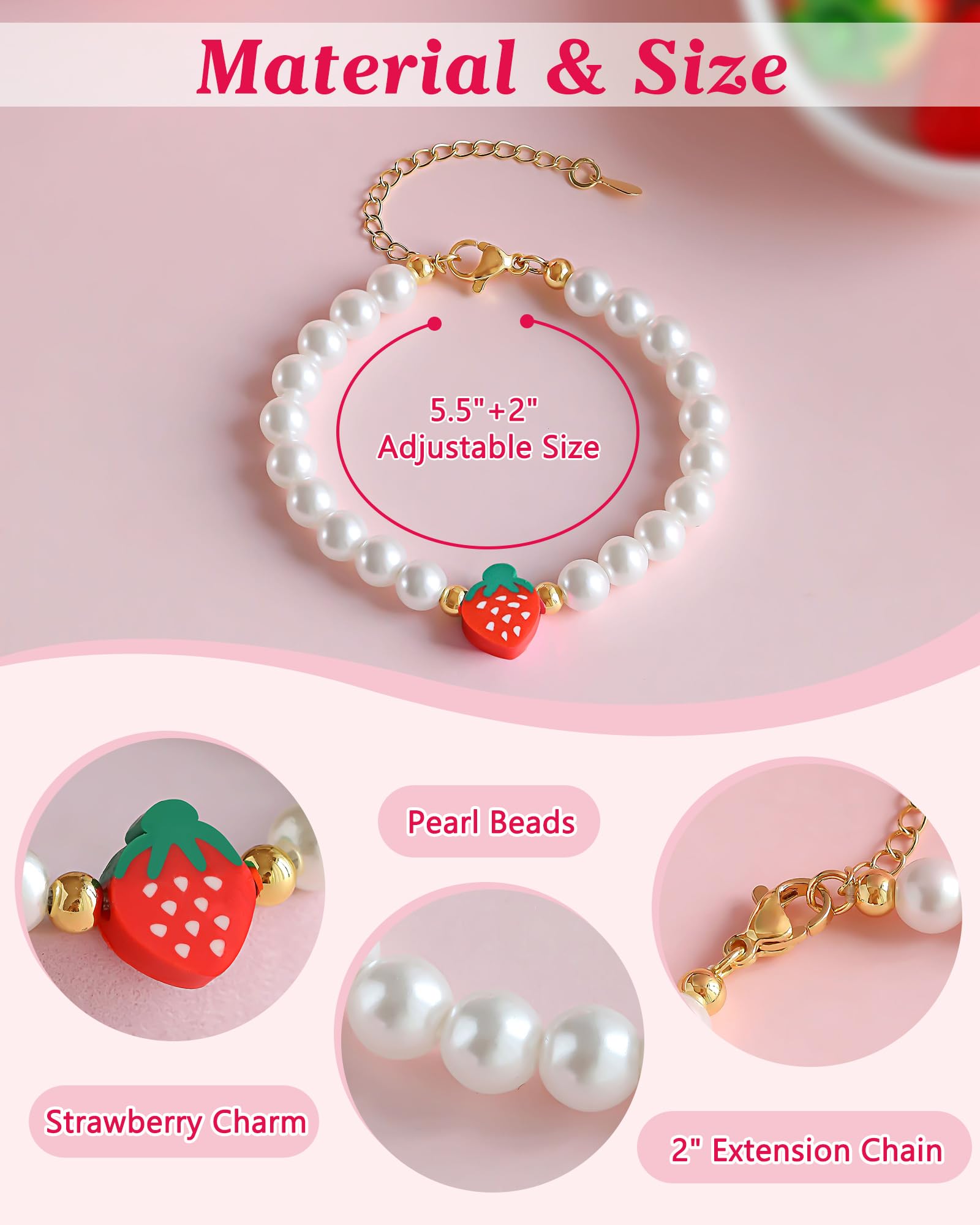 Berry First Birthday Gifts, Adjustable Strawberry Pearls Bracelet for Daughter Niece Granddaughter