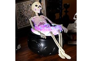LARANDOM Christmas Decorations Indoor Skeleton Cauldron Decor Set with Light Include 9.8'' Large Black Cauldron 25.6'' Skeleton Spooky Vintage Decor for Xmas Home Kitchen Room Party Table
