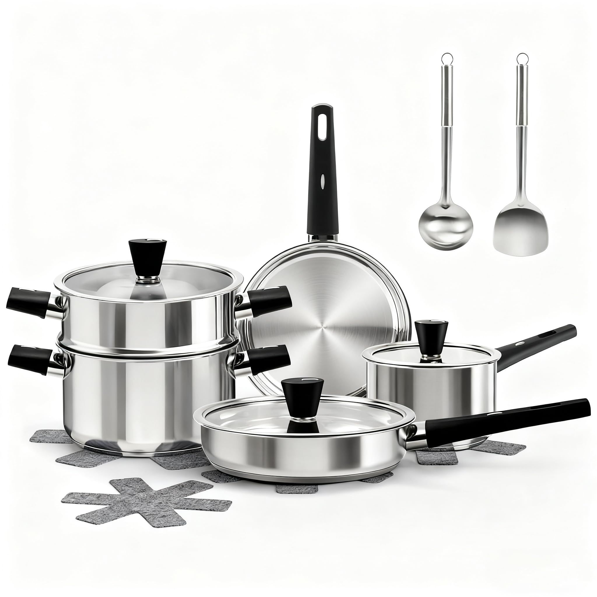 Photo 1 of ASKSCICI Stainless Steel Cookware Set, 14-Piece Pots and Pans Set, Kitchen Cookware Set with Stay-Cool Handle, Non-Toxic, Dishwasher Safe & Compatible with All Stovetops (Gas, Electric & Induction)