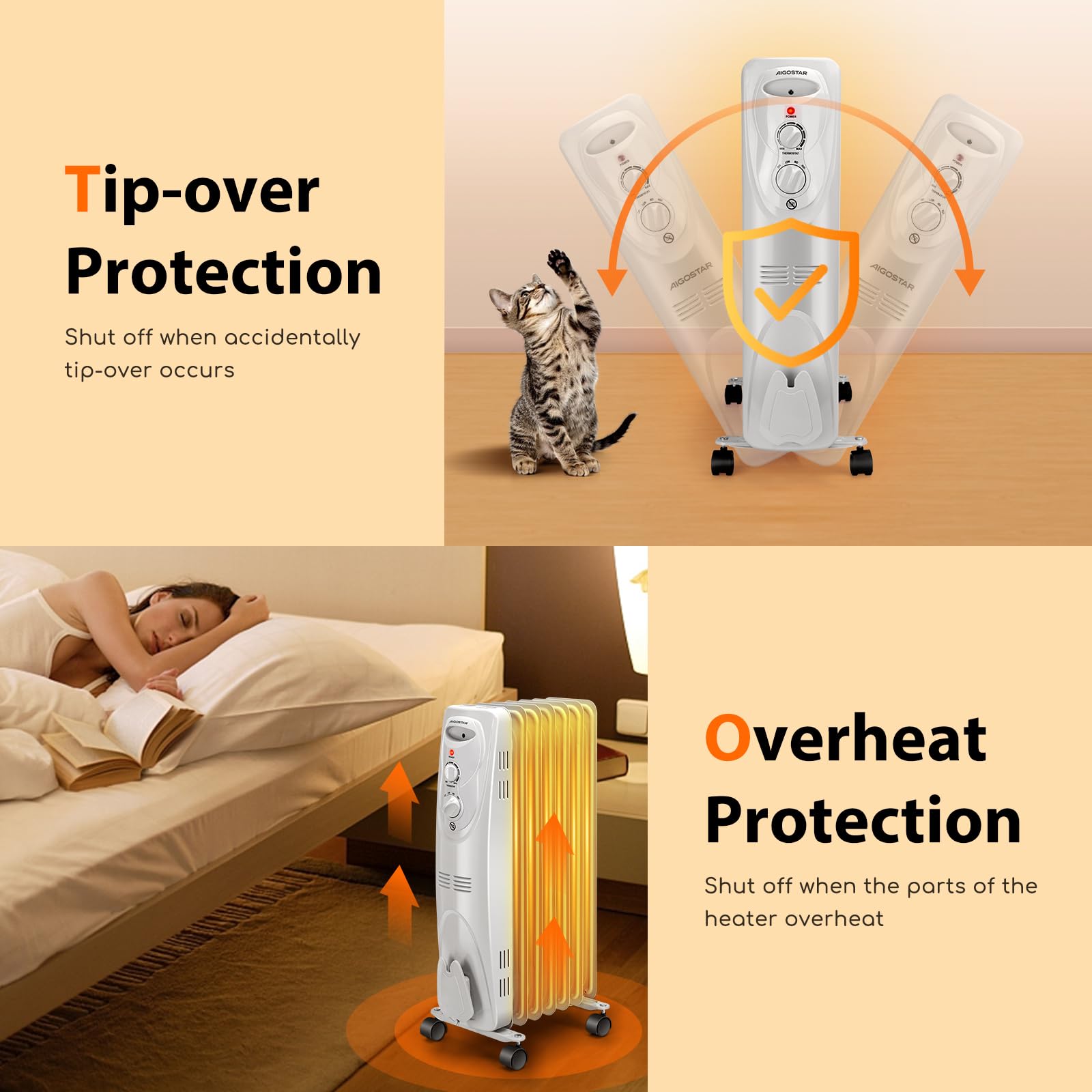 Aigostar 1500W Oil Heater 7-Fin Safe Heat, 3 Heat Setting Space Heater Adjustable Thermostat, Overheat & Tip-Over Protection, Heat Up 250 Square Feet, Quiet Oil Filled Radiator Heater for Indoor Use