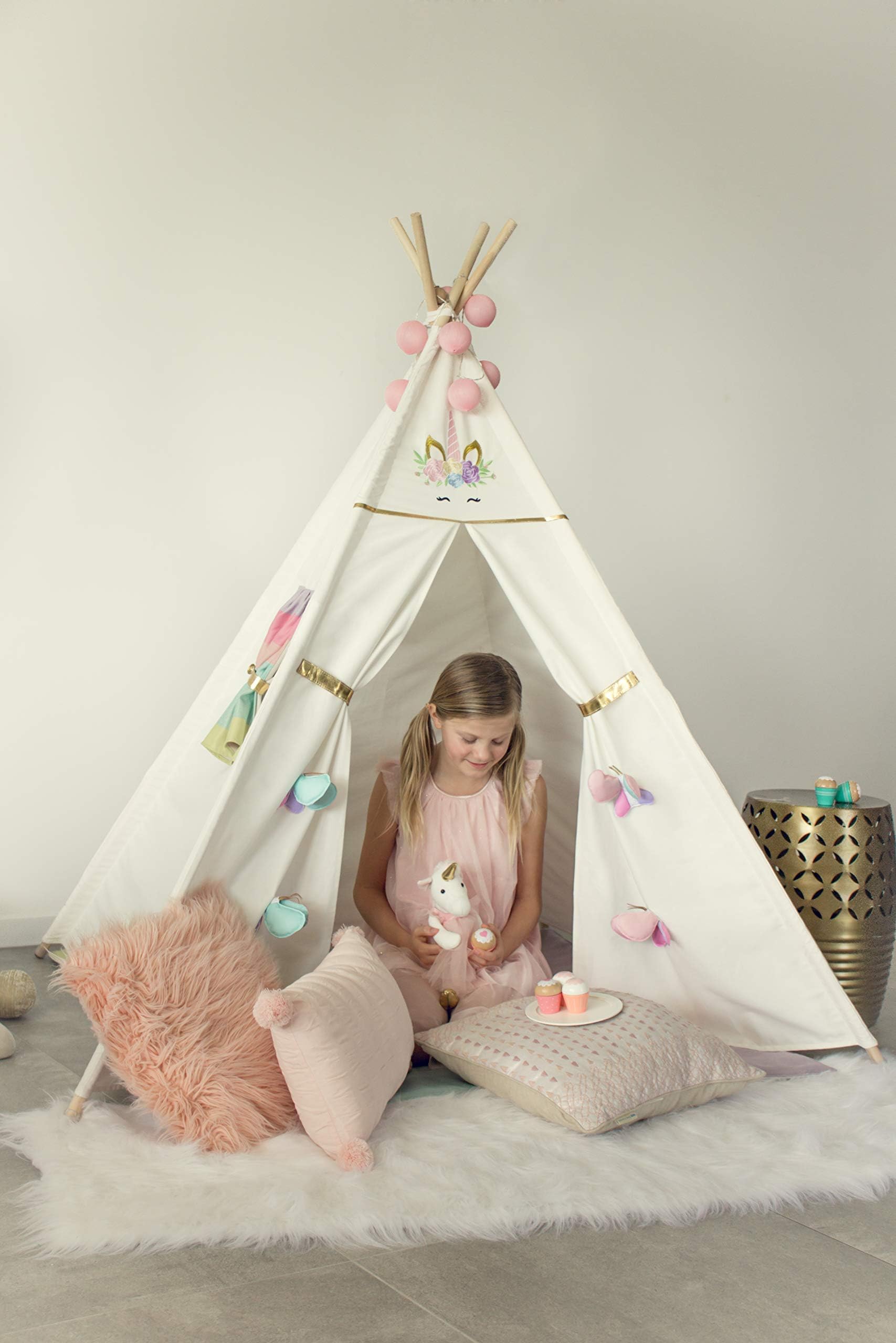 Inspired by Jewel - Kids Teepee Tent Indoor Playhouse with Unicorn Embroidery, Pine Poles, Playmat & Curtain Window | Great for Children, Toddlers & Babies | Cotton Canvas Tent with Rainbow Playmat