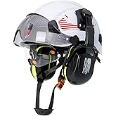 Perldverge Construction Hard Hat with Visor and Hearing Protection-White Carbon Fiber Hardhat OSHA Approved with Visor and Ear Muffs,Construction/Forestry/Arborist Safety Helmet with Chin Straps