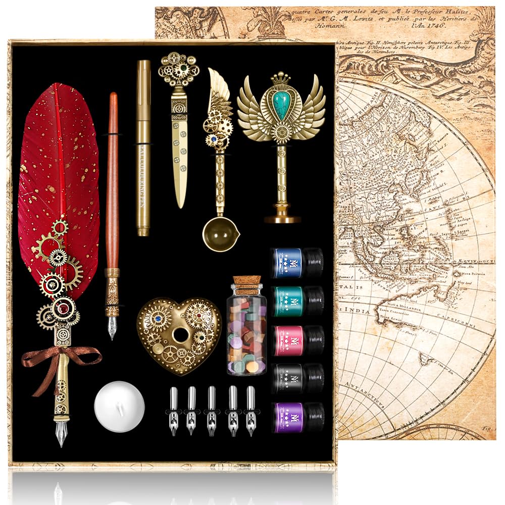 Quill Pen and Ink Set,Feather Pen Ink Set Includes Quill Pen,Wooden Pen,5 Replaceable Nibs,5 of Ink, Seal,Wax Beads,Envelope and Letter Paper Etc-Red