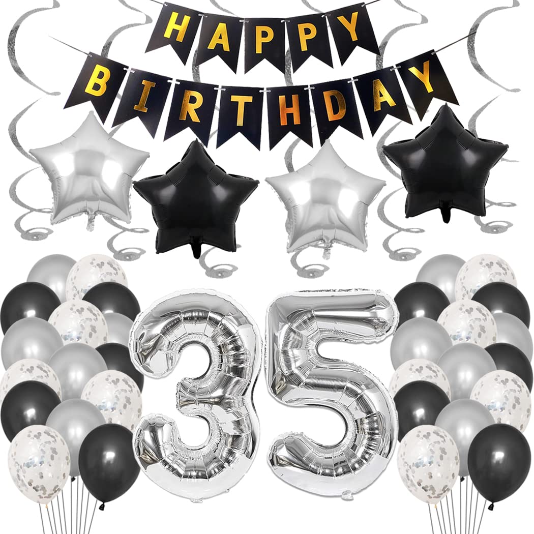 Borsgye 35th Birthday Party Decorations Set for Girl Boy Women Men Black HAPPY BIRTHDAY Letter Banner Foil Star Balloons Confetti Latex Balloons Hanging Swirl with Silver Giant Number 35 Balloon