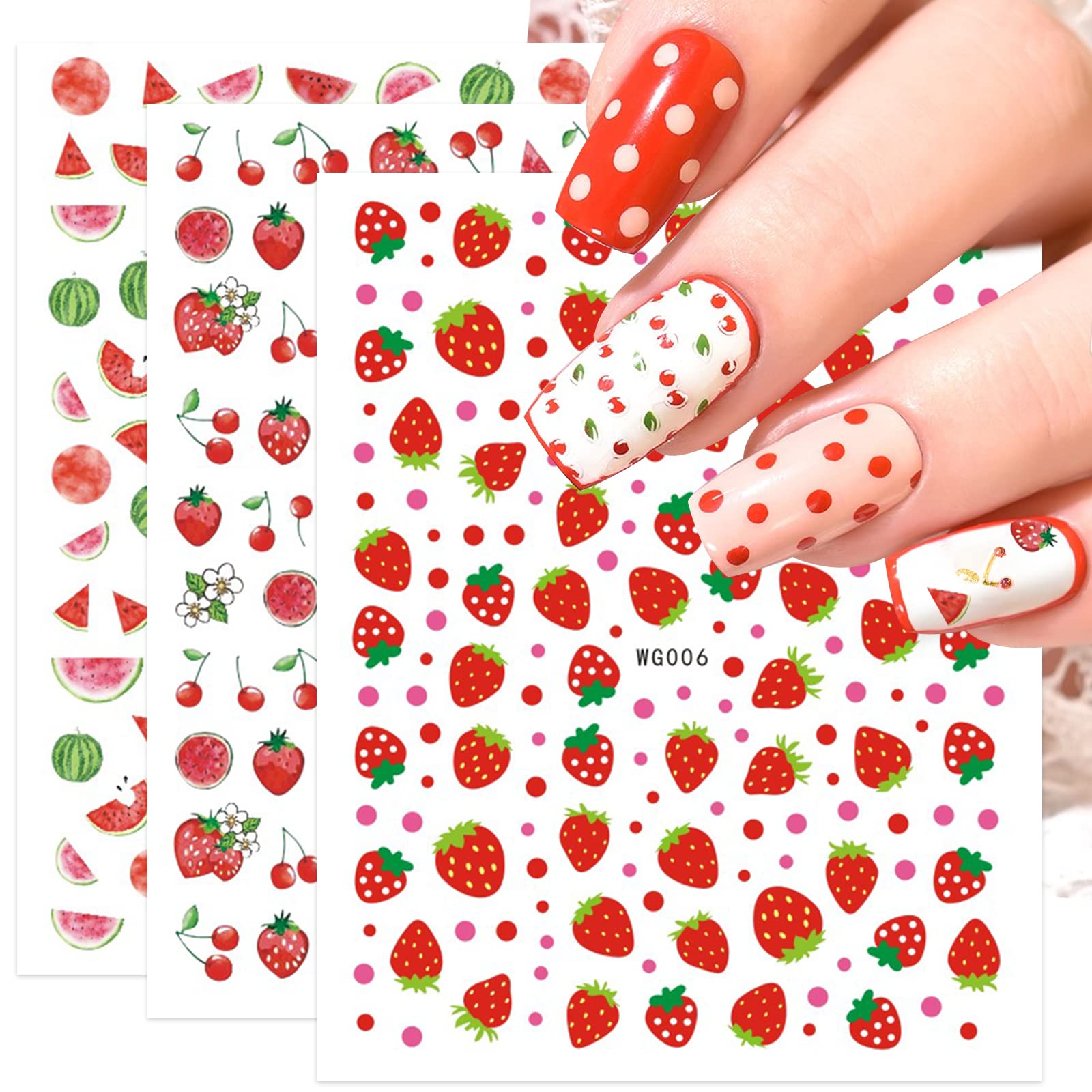 Photo 1 of 10 Sheets Summer Fruit Strawberry Nail Art Stickers Decals for Kids Self Adhesive Lemon Watermelon Design Manicure Tips Nail Decoration for Women Girls Gift