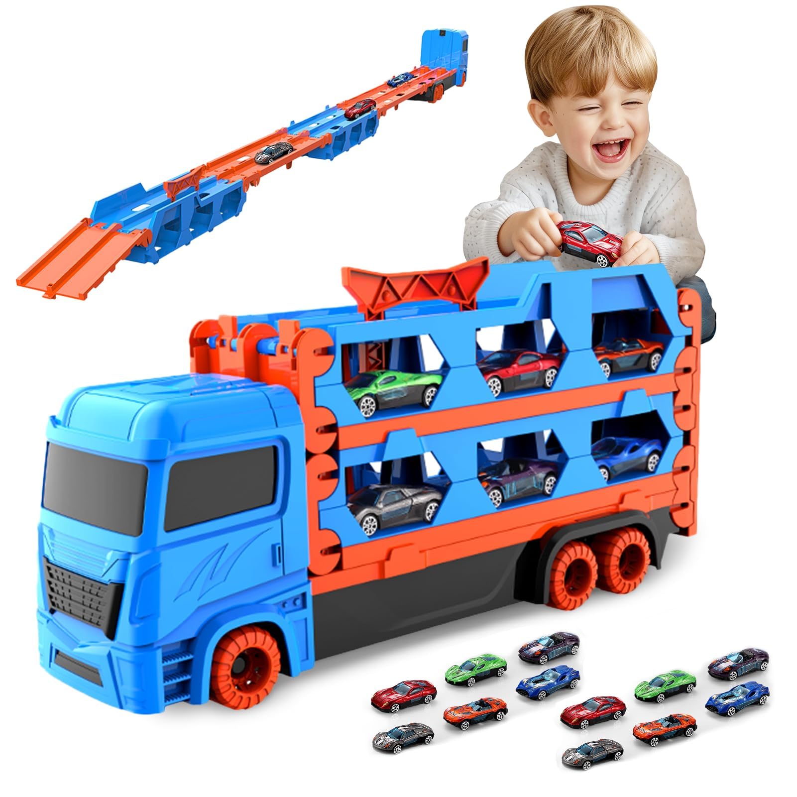 Qivange Transport Truck Toy for 3 4 5 6 7 Year Old Boys Gifts, Portable Truck Toy with 12 Race Car, Kids Race Track Car Carrier Vehicles Toys Set for Toddler Age 3+