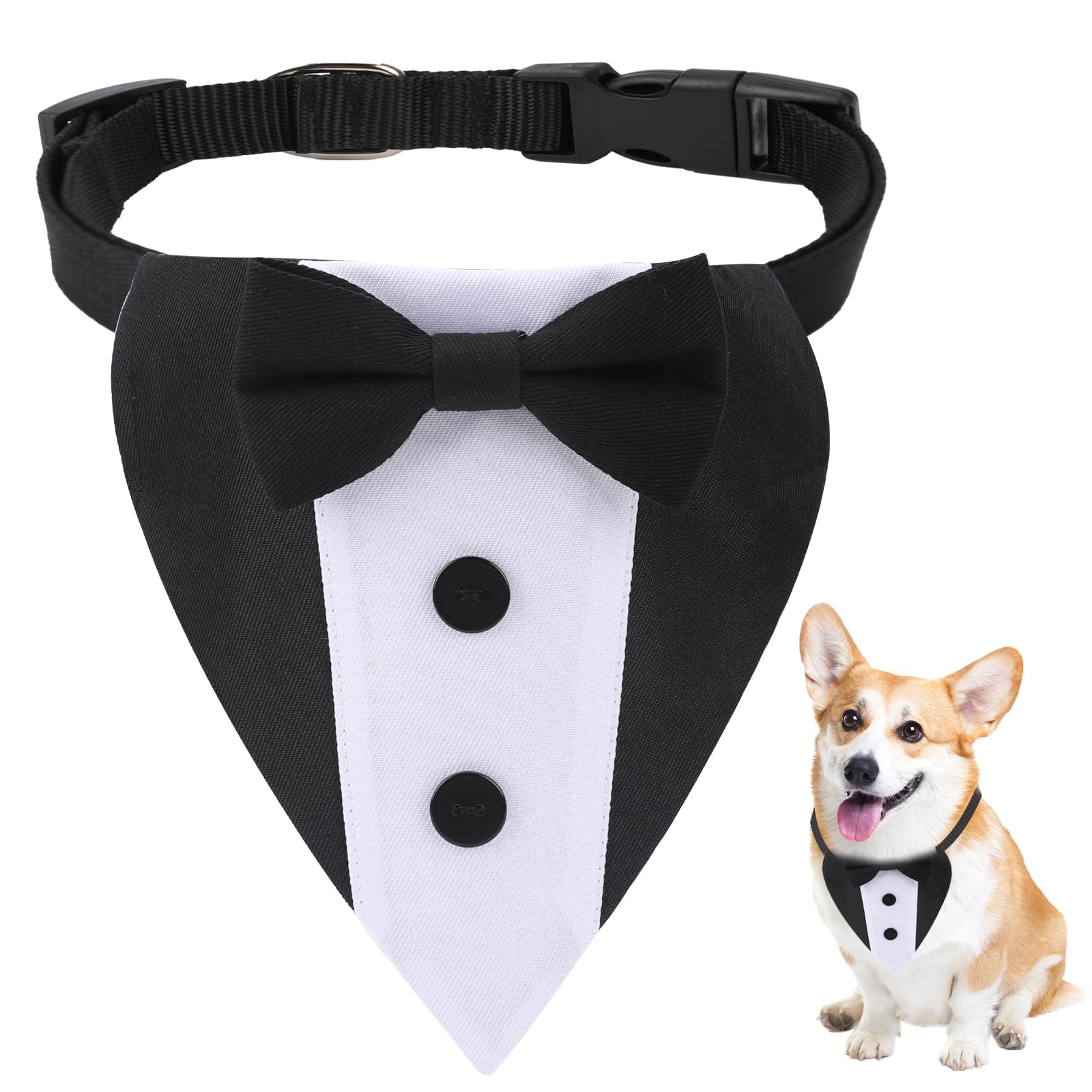 Pet Party Tuxedo Set - Wedding Bandana Collar with Bow Tie, Adjustable Dog Tuxedo Suit for Small, Medium, Large Dogs (Neck 12.5”-21”)