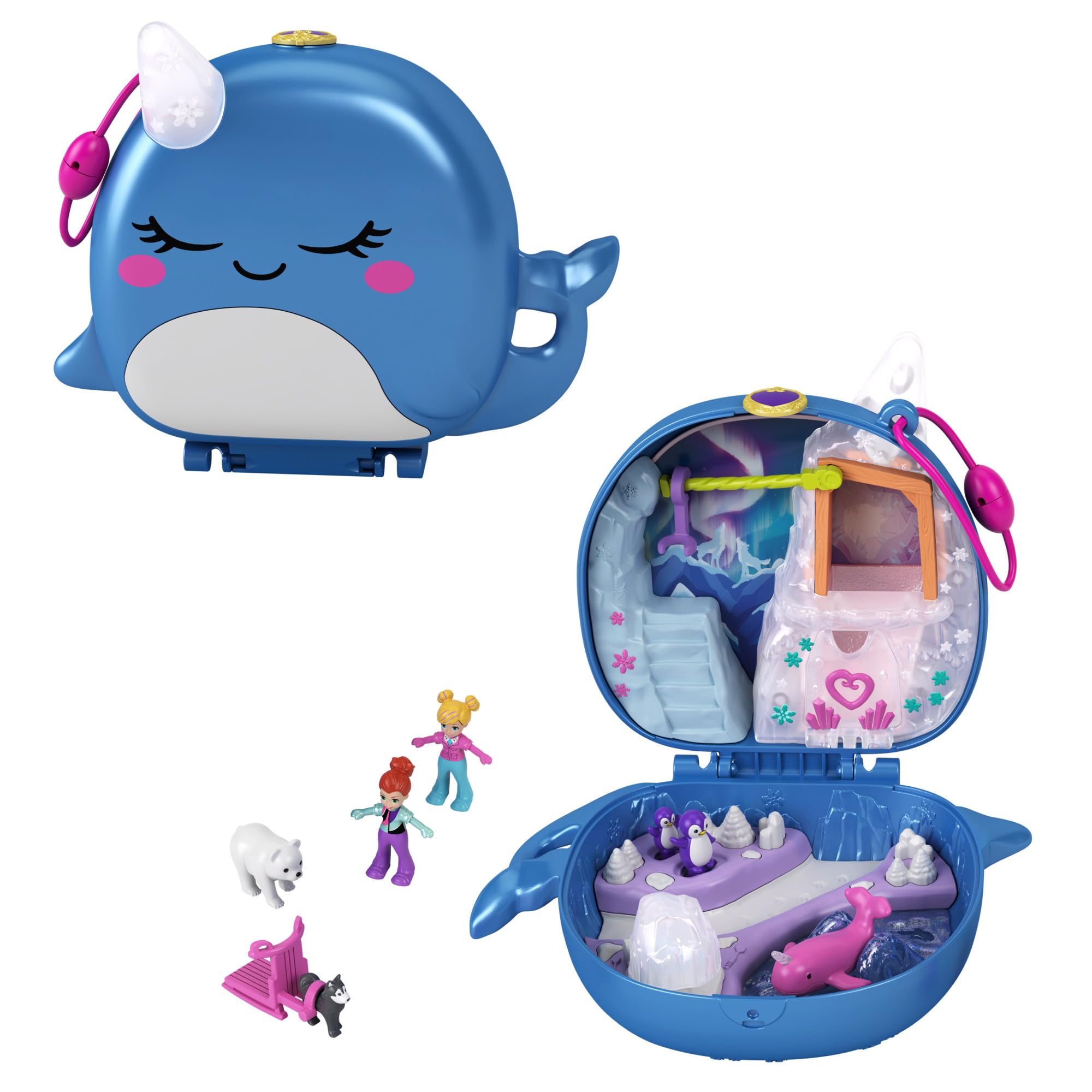 Polly Pocket Freezin' Fun Narwhal Compact with Fun Reveals, Micro Polly and Lila Dolls, Husky Dog & Sled, Polar Bear Figure & Sticker Sheet; For Ages 4 Years Old & Up, GKJ52