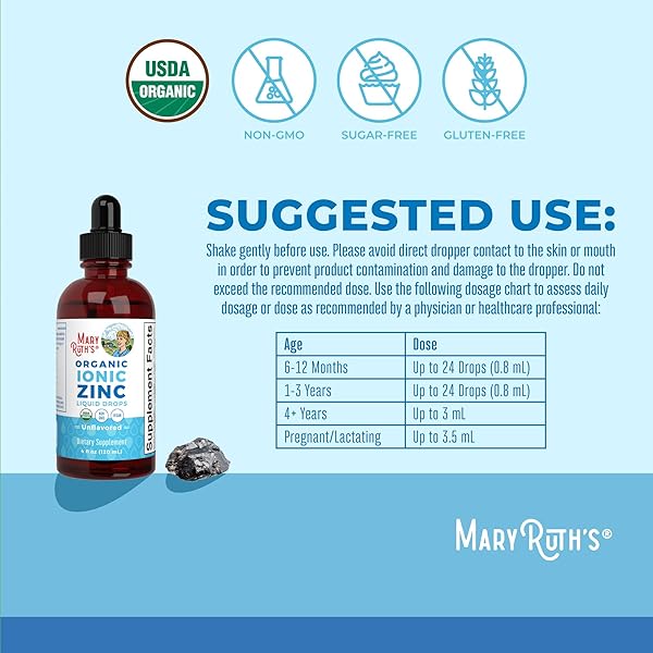 MARYRUTH ORGANICS ZINC SUPPLEMENTS FOR IMMUNE SUPPORT | IONIC ZINC FOR KIDS & ADULTS | LIQUID ZINC SUPPLEMENT | 40 DAY SUPPLY | SKIN CARE SUPPLEMENT | VEGAN | GLUTEN FREE | GLYCERIN BASED | 4 OZ