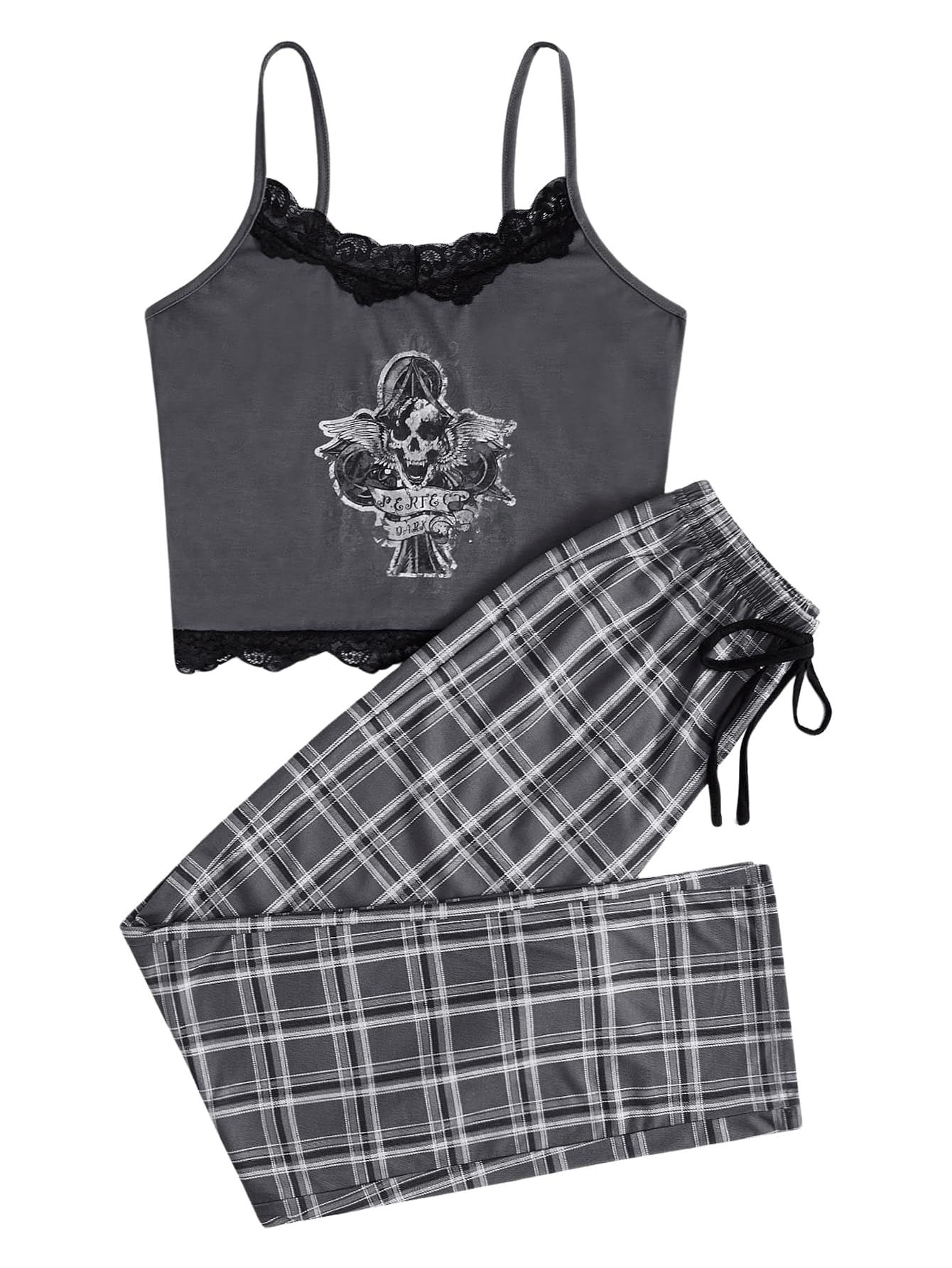 Photo 1 of (missing the shirt) WDIRARA Women's Goth Graphic Pajama Set 2 Piece Sleepwear Cami Top and Plaid Pants Sets Grey X-Large