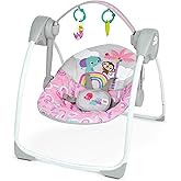 Bright Starts Pink Paradise Portable Electric Baby Swing, Newborn | Lightweight &amp; Foldable Swing with 6 Speeds, 10 Soothing Melodies, 2 Hanging Toys, 2-Position Recline, Max Weight 20 lbs