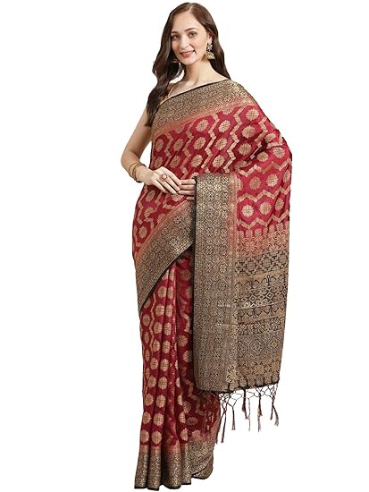 Womens Silk Blend Woven Zari with swarovski work Saree[Maroon & Black]