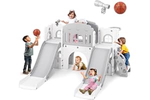 JOYLDIAS 9 in 1 Toddler Slide, Toddler Playground with Double Slides, Climber,Basketball Hoop,Tunnel, Telescope, Storage Space and Non-Slip Step, Indoor Outdoor Backyard Playset for Toddlers Age 1-3+