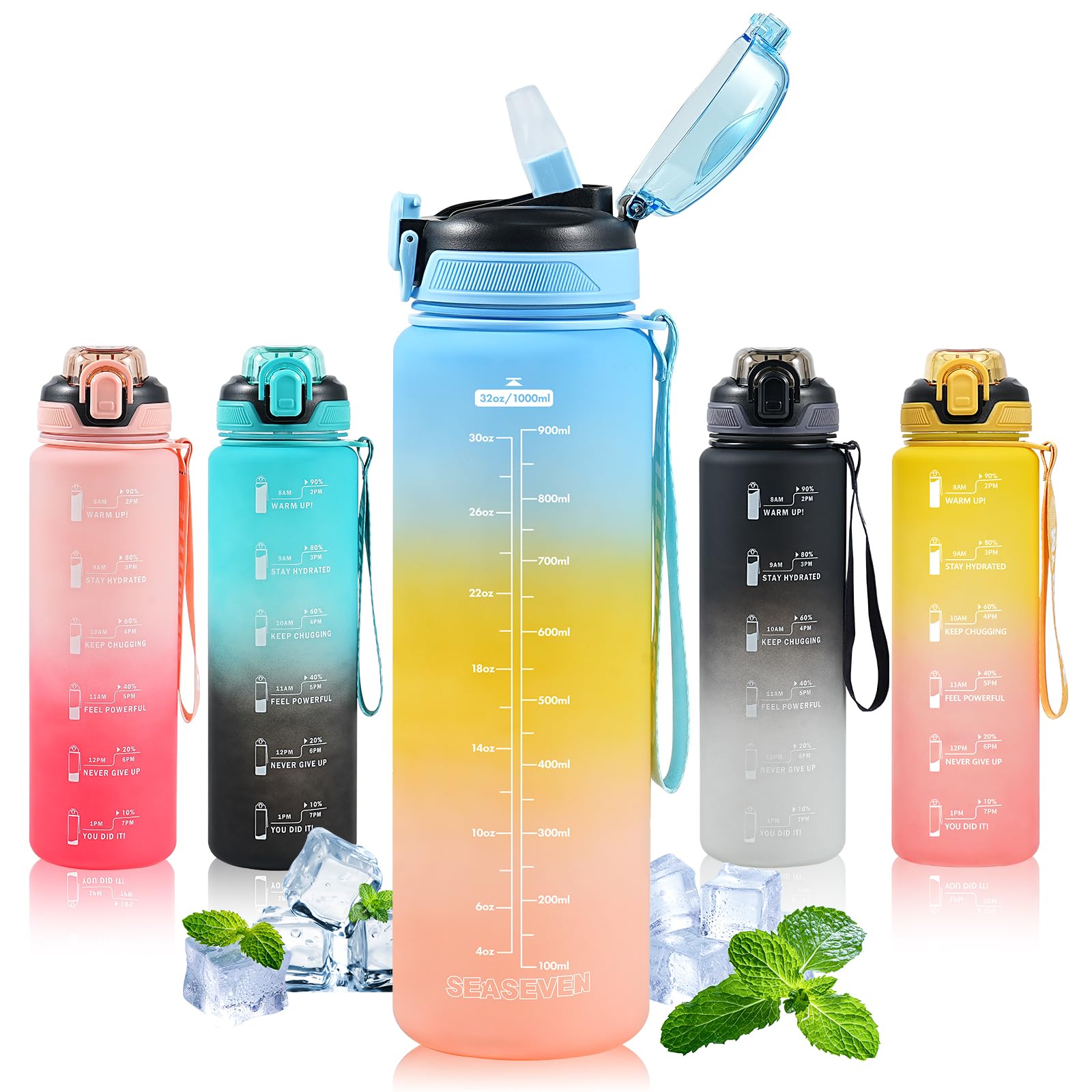 SEASEVEN Water Bottle with Straw 1L,Boys Water Bottles with Straw 1 Litre,Waterbottle Leak-Proof Sports Water Bottle,Plastic Drinks Bottles Toxin Free，Bpa-Free (Blue-Yellow-Pink)
