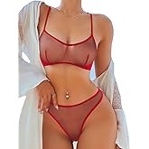 SOLY HUX Women's Mesh Solid Sheer See Through Lingerie Set Sexy Lace Bra and Panty 2 Piece