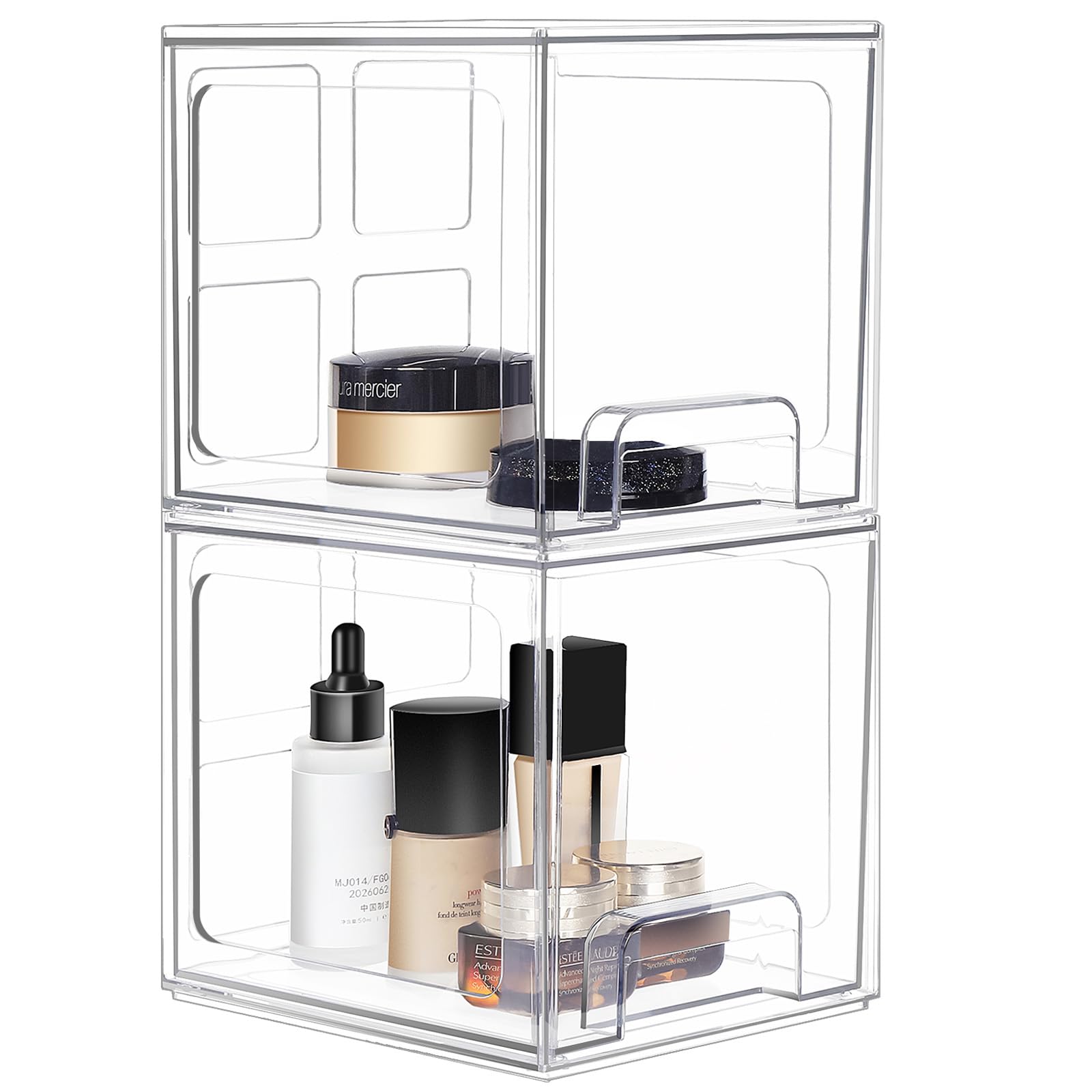 Greentainer 2 Pack Stackable Makeup Organizer Storage Drawers, 6.6''Tall Acrylic Bathroom Organizers，Clear Plastic Storage Bins For Vanity, Undersink, Kitchen Cabinets, Pantry Organization and Storage