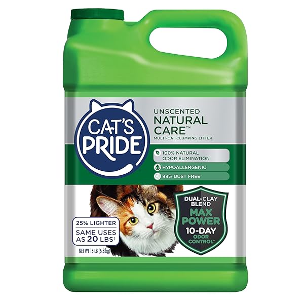 CAT’S PRIDE MAX POWER: NATURAL CARE – UP TO 10 DAYS OF POWERFUL ODOR CONTROL – 100% NATURAL ODOR ELIMINATION – HYPOALLERGENIC – 99% DUST FREE – MULTI-CAT CLUMPING LITTER, UNSCENTED, 15 POUNDS