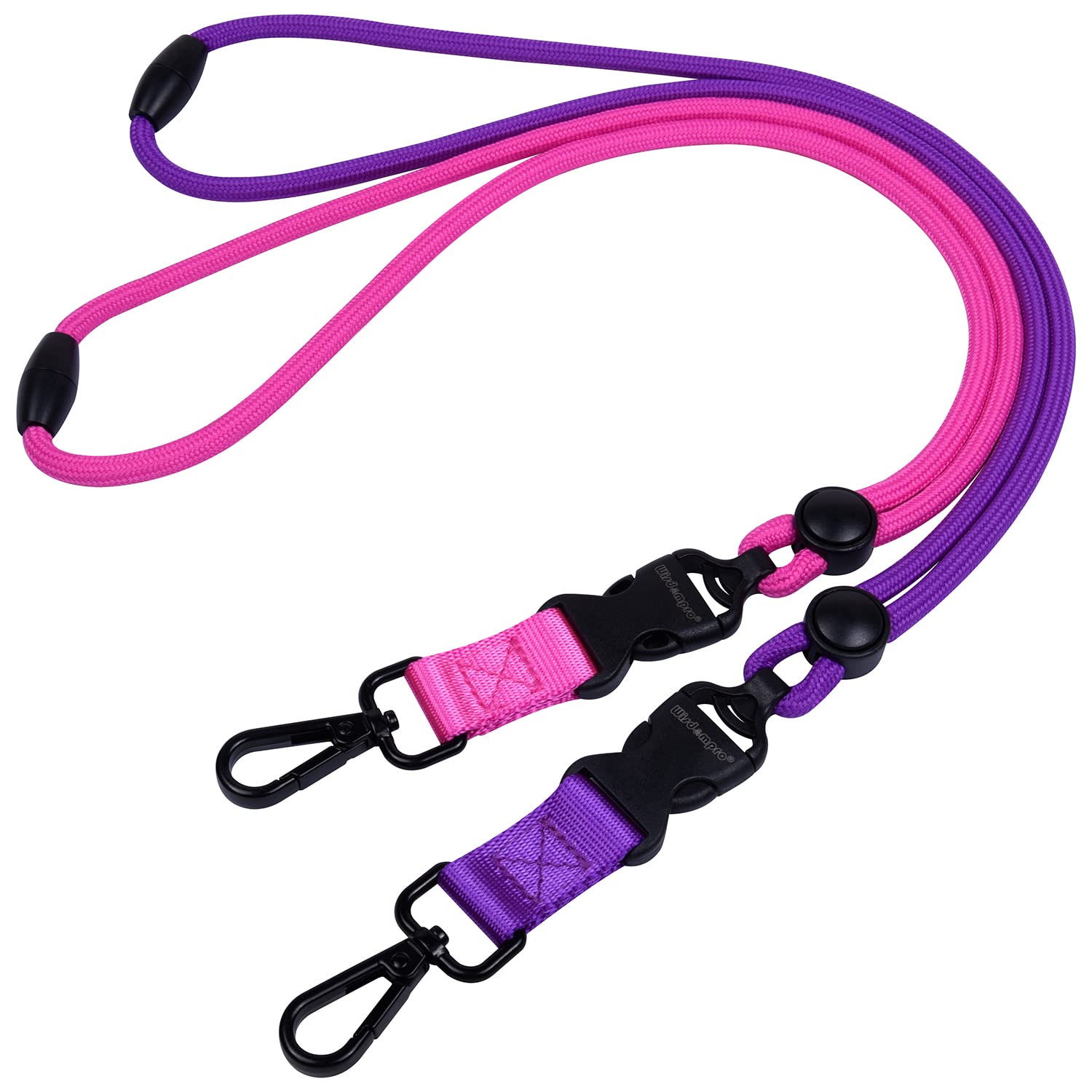 Wisdompro 2 Pack of 21 inch Durable Round Cord Adjustable Lanyard with Safety Breakaway Buckle, Detachable Buckle and Heavy Duty Metal Hook for ID Card Badge Holder and Keys - Hotpink and Purple