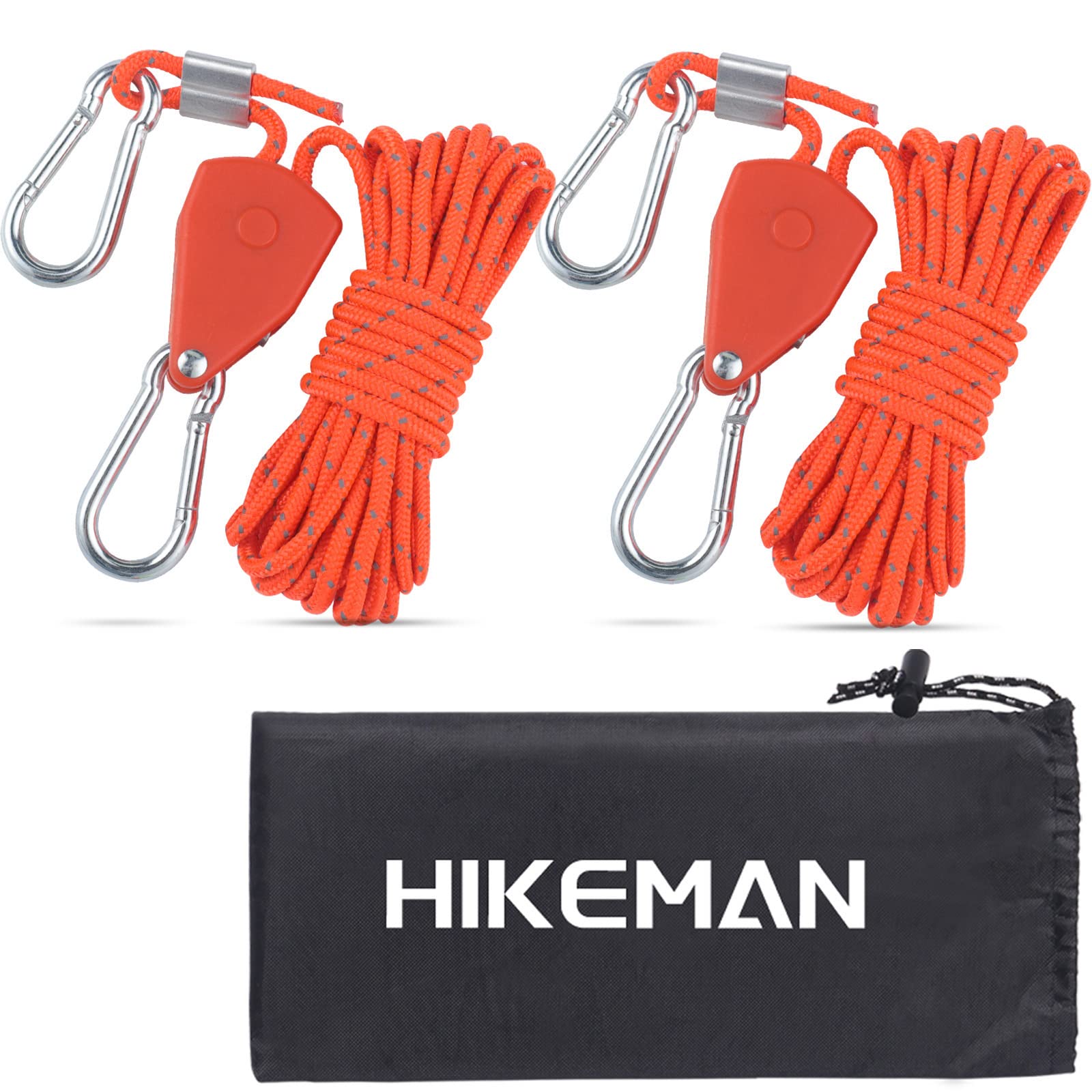 HIKEMAN Tent Guy Ropes with pulley - 4mm Reflective Cord Tent Guide Rope with Aluminum Adjuster for Outdoor Camping Hiking Awning Tents (Orange)