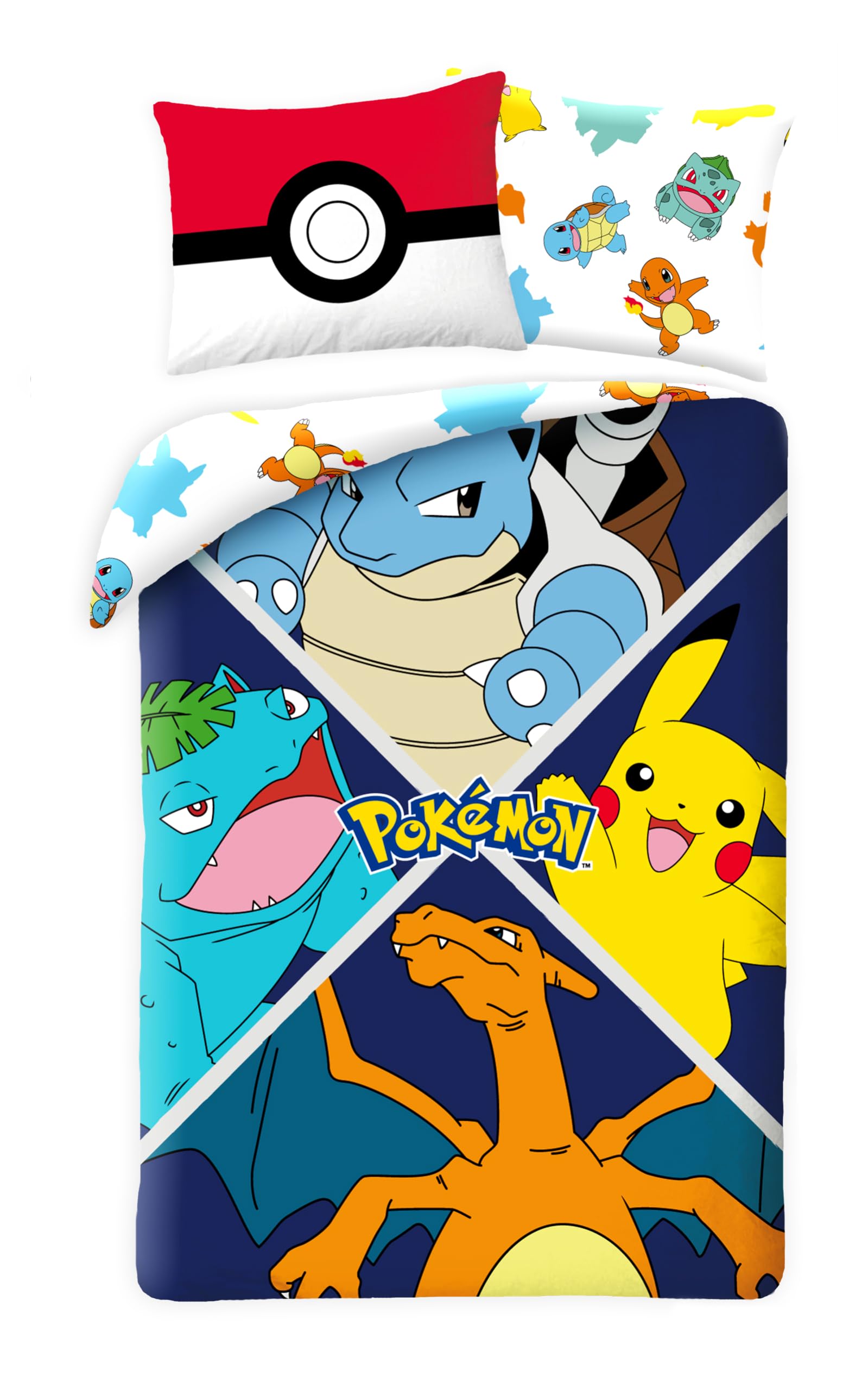 Halantex Pokemon Evolution Children's Bedding Set, Reversible Duvet Cover 140 x 200 cm + Pillowcase, with Pikachu, Tortank (Squirt), Charizard (Charapecker) and Florizarre (Bulbaszarre), POK611