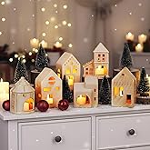 AceOrbit Ceramic Christmas Village Houses Porcelain Christmas Village Sets Matt Ceramic LED Lighted Xmas Town Houses Accessories Holiday Farmhouse Vintage Rustic Decor for Tabletop Mantle