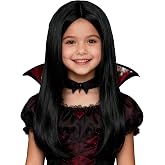 Black Straight Center Part Wig Black Witch Vam-pire Gothic Costume Wigs | 23.6'' Long Black Synthetic Hair Wigs for Halloween Party Daily