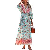 CUPSHE Women's Plunging V Neck Paisley Boho Backless Beach Dress Blouson Sleeve Back Tie Waist Tie Maxi Summer Dresses