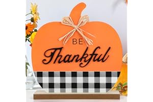 PAIVSUN Large Double Side Pumpkin Sign Hello Fall Decorations, Be Thankful Autumn Buffalo Plaid Wooden Tabletop for Living Room Home Decoration, Farmhouse Harvest Thanksgiving Day Decor