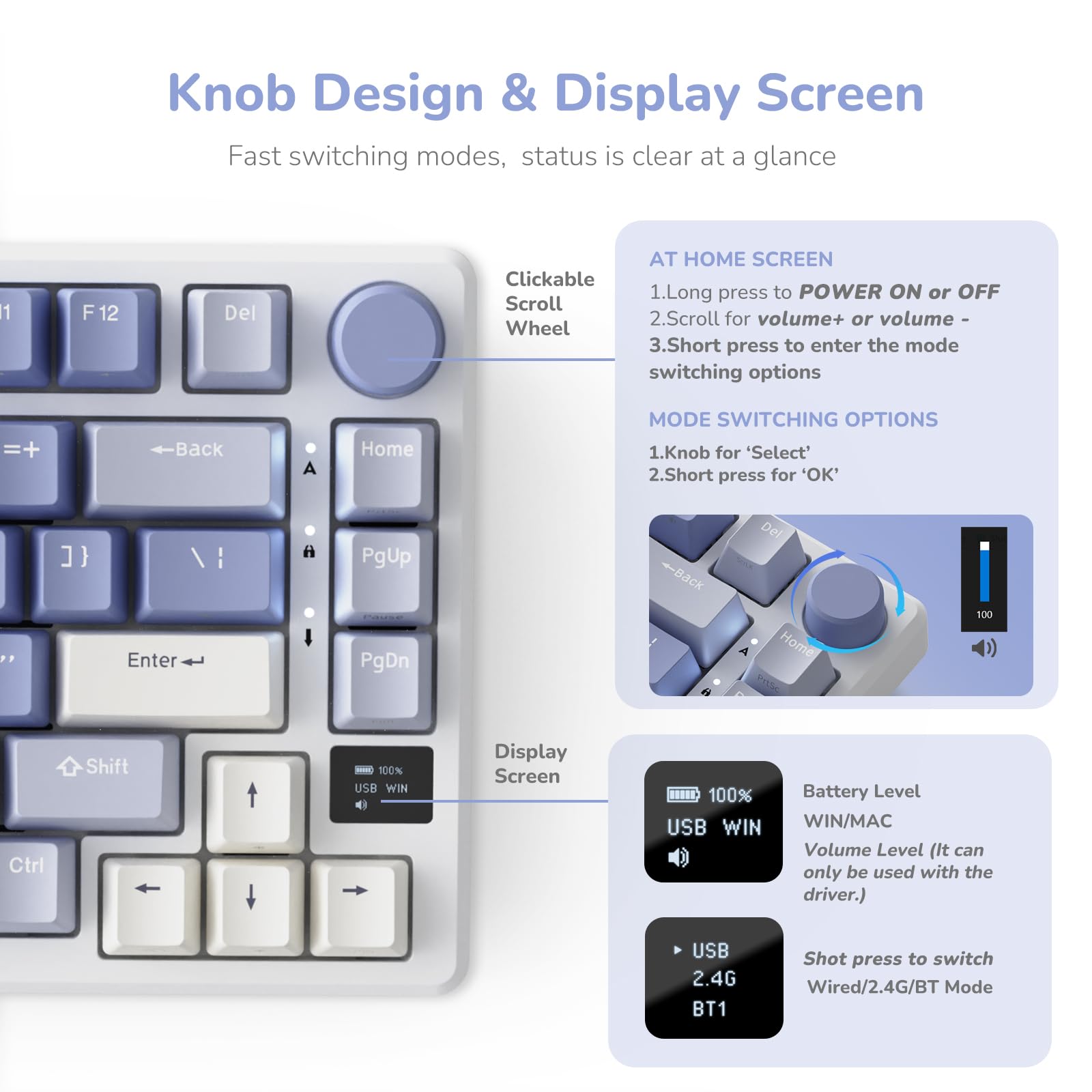 RK ROYAL KLUDGE M75 Mechanical Keyboard with OLED Smart Display and Volume Knob, 2.4G/USB-C/BT Gasket Mounted 75% Layout Wireless Gaming Keyboard with 81 Keys, RGB Backlit Hot-Swappable Red Switch