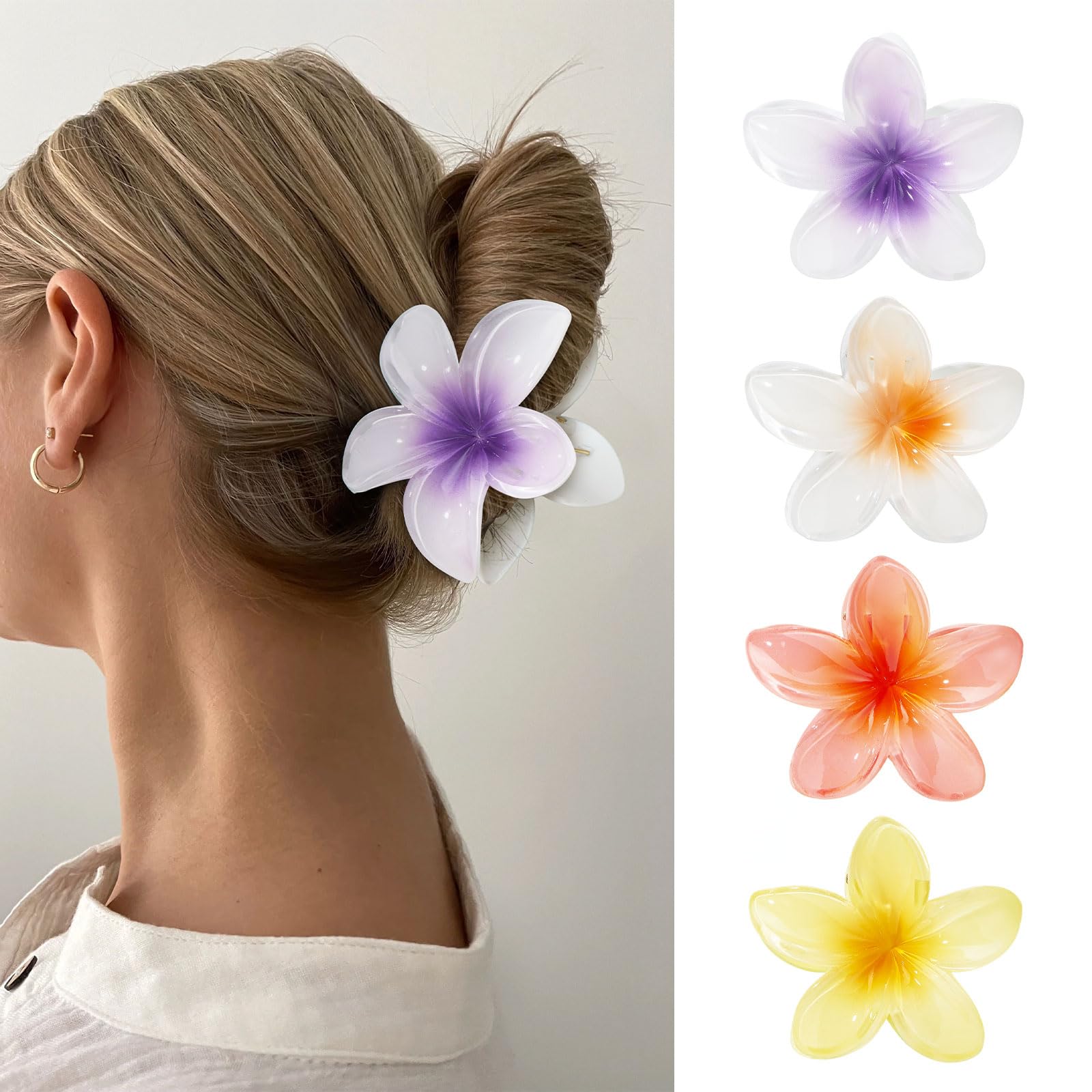 ZOUIQSS 4 Pieces Flower Hair Claw Clips, Hawaii Non-Slip Hair Jaw Clips, Hair Styling Accessories for Women Girls, 8cm Strong Hold Large Claw Clips for Thick Hair(Style 1)