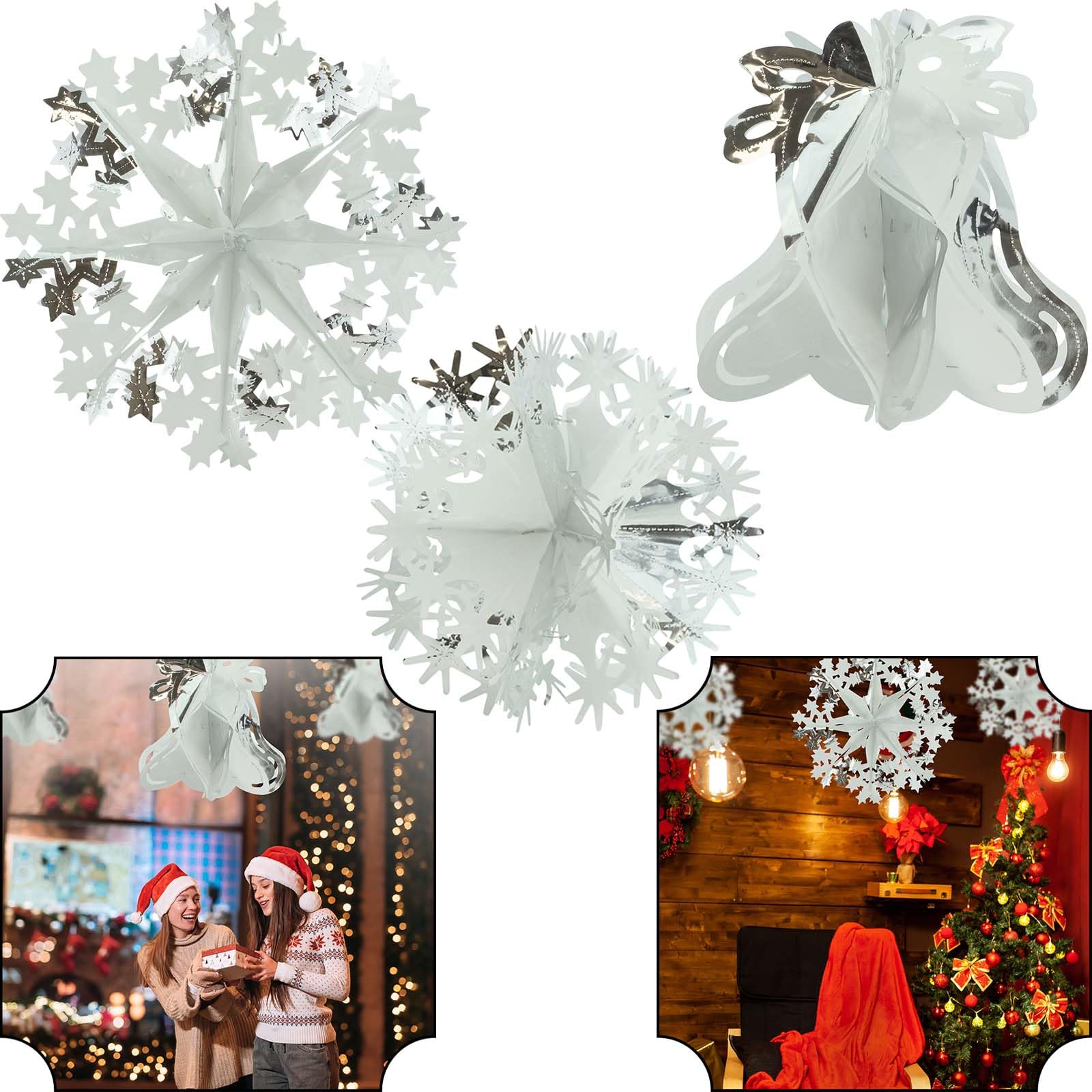 SRVertex 3Pcs Christmas Window Foil Garlands, White/Silver Ball Shape Hanging Decorations, Snowflake Garland for Décor, Bell Foil Wall Ceiling Xmas Valentine's Day Party Supplies